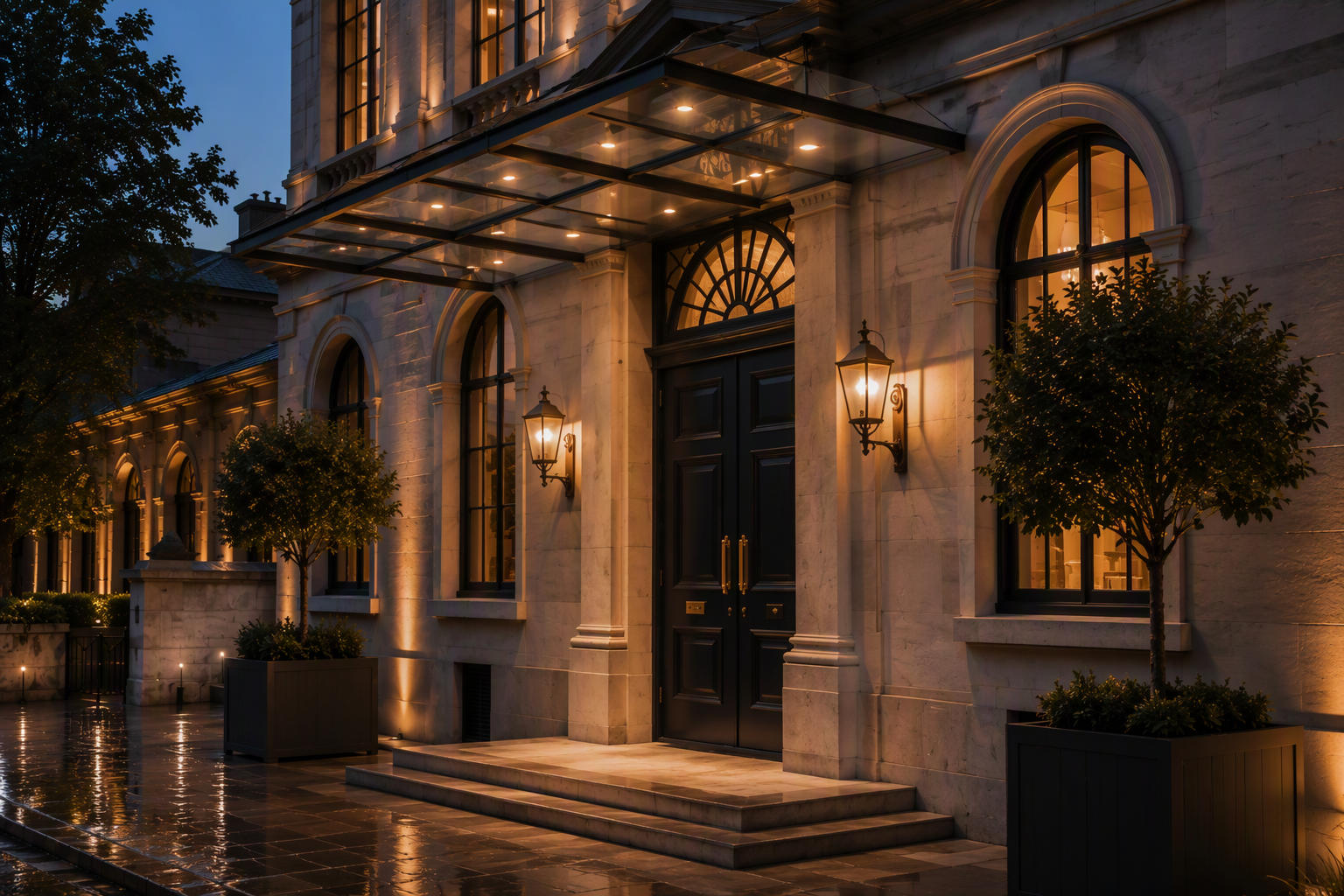 Westbourne Hall exterior detail at evening